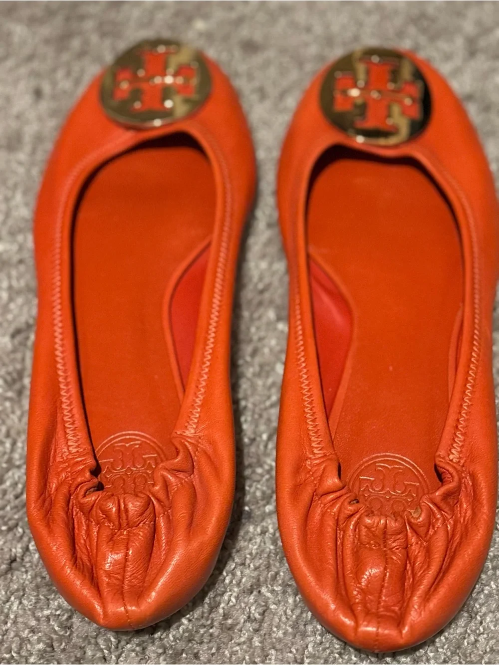 Tory Burch Bright Orange Leather Logo Ballet Flats